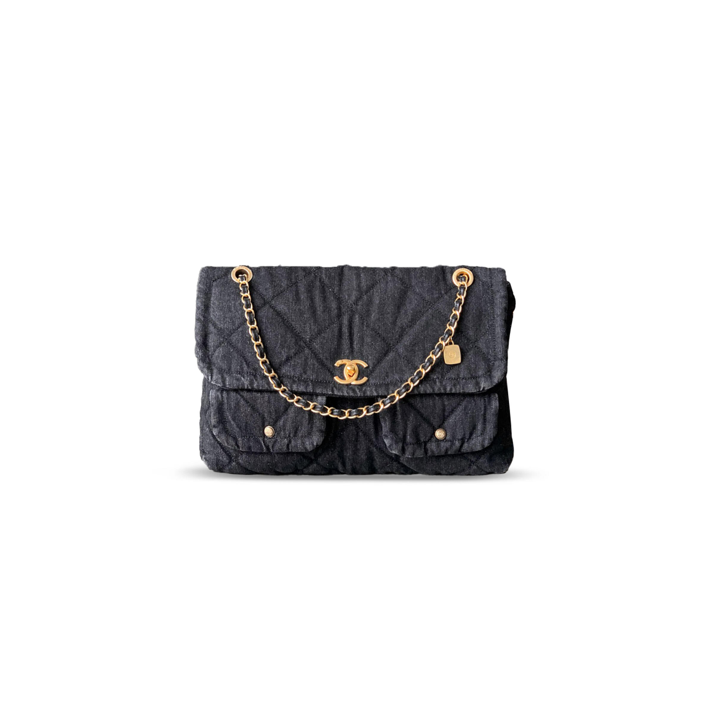 CHANEL MASTER CLASSIC FLAP BAG BLACK QUILTED DENIM WITH GOLD-TONE CHAIN (45*27*10cm)